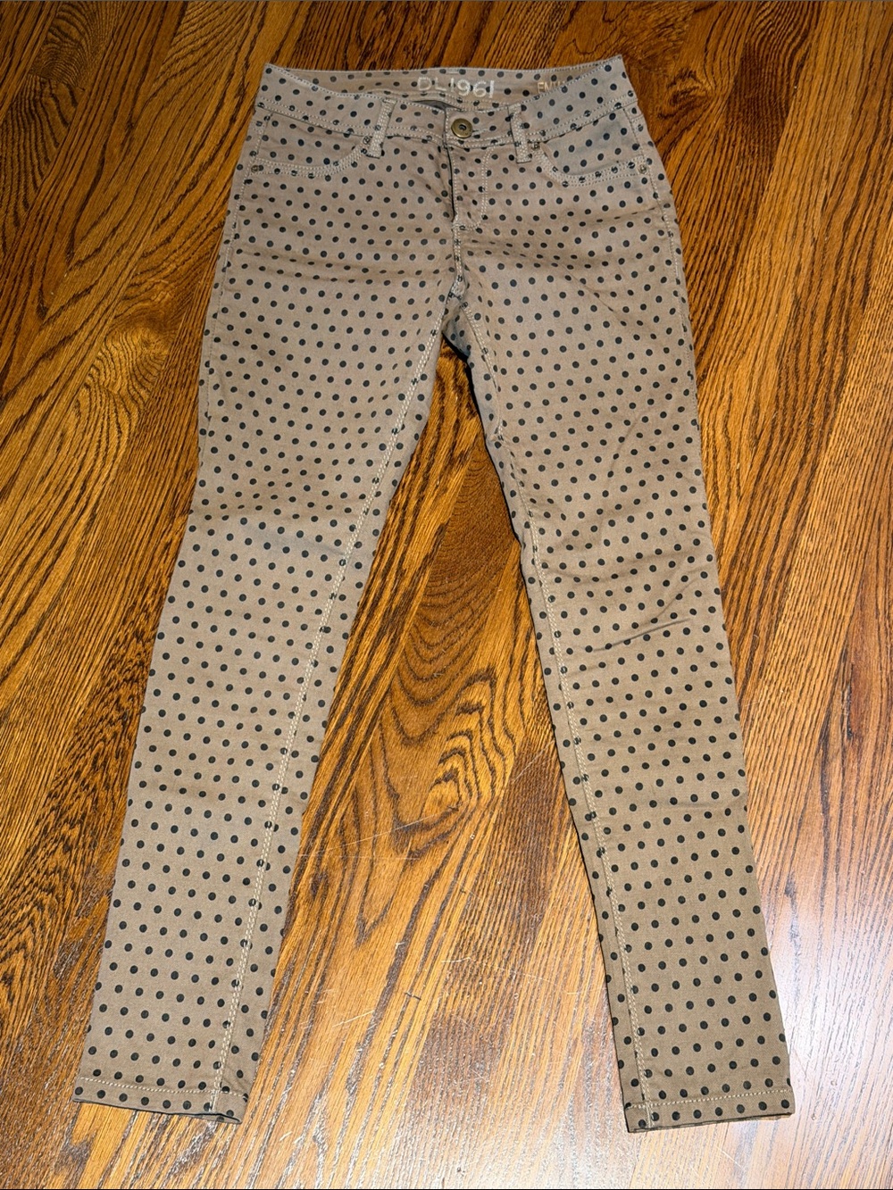 DL1961 Tan Skinny Jeans with Black Polka Dot Print
